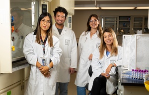 From left, student Karen Figueroa, student Austin Tang, lab coordinator Zoee Sanchez and assistant professor Louisa Messenger pose for a photo at the UNLV Parasitology & Vector Biology morphology lab.