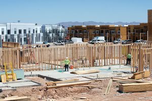 Construction of the Showboat Park Apartments along Fremont Street, between Oakey Boulevard and Atlantic Street, in 2020.