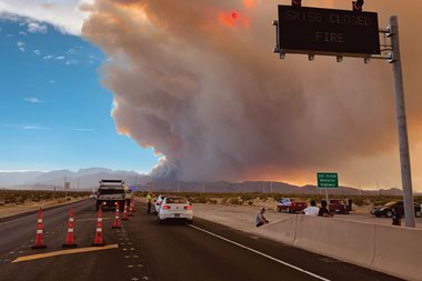 State Route 158 is closed to Mt. Charleston on June 28, 2020, as intense winds spread what officials later called the Mahogany Fire. 