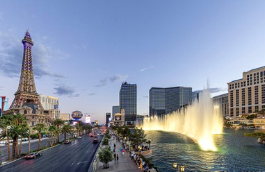A view of the Las Vegas Strip and Bellagio fountains looking southbound from Flamingo Road Thursday, Aug. 22,&nbsp;2024.