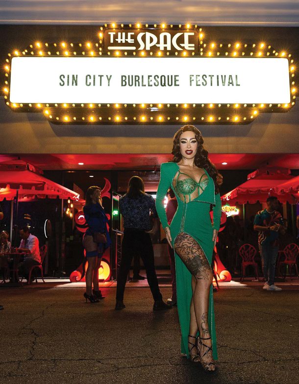 Raquel Reed in front of the Space at the 2023 Sin City Burlesque Festival.