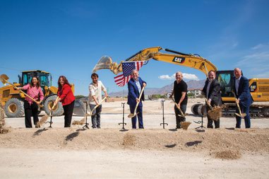 From left, Las Vegas City Councilwoman Nancy Brune, Clark County Commissioner Marilyn Kirkpatrick, COO for Ovation Development Corporation Jess Molasky, Nevada Gov. Joe Lombardo, chairman and founder of Ovation Development Corporation Alan Molasky, Nevada State Treasurer Zach Conine and assistant VP for Bank of America Merrill Lynch AJ Welch participate in the groundbreaking ceremony for Ovation Development Corporation’s newest senior affordable housing community in northwest Las Vegas on August 5, 2024.