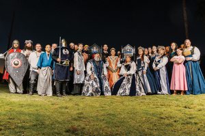 The Aragon Empire, a 9th through 15th century Russian Byzantine-inspired guild, poses at Sunset Park. 