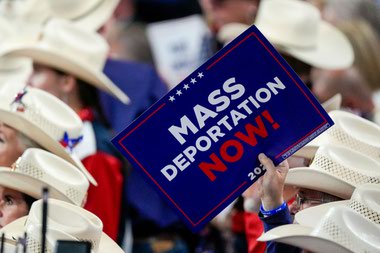 A member of the Texas delegation holds a sign during the Republican National Convention on July 17 in&nbsp;Milwaukee.