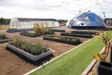 Zion Urban Farm’s greenhouse, geodesic dome and garden&nbsp;beds. 