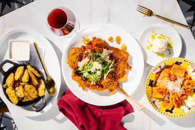 Zucchini, veal Milanese and pasta at&nbsp;Sorellina.