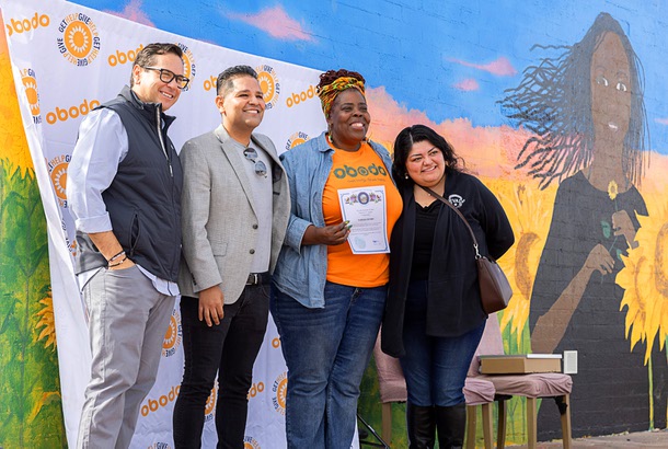 Tameka Henry, second from right, executive director of the Obodo Collective, poses with (left to right) Nevada Secretary of State Cisco Aguilar, Ruben Rodriguez, deputy secretary of state for Southern Nevada, and Katie Membreno, Aguilar’s executive assistant to the Secretary of State, during the grand opening of the Obodo Greengrocer at C Street and Monroe Avenue Saturday, Feb. 22, 2025. The produce store is a partnership between the Southern Nevada Health District and the Obodo Collective to improve access to healthy food for residents in the underserved area.