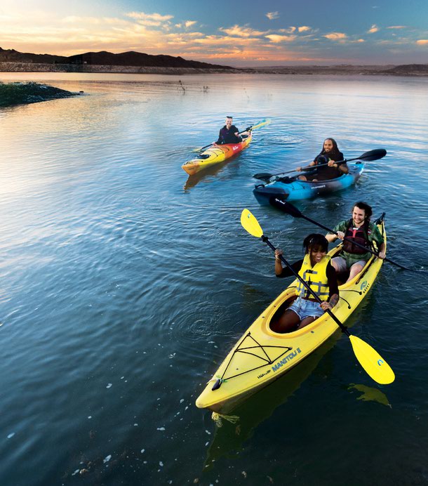 Clockwise from top: Sarra Jones, Kyle Ellis, Aaron Kehoe and Sasha Palmer kayaking at Lake Mead.