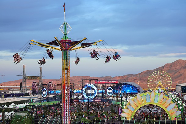 Festivalgoers ride the Vertigo during the first night of 2025 EDC at the Las Vegas Motor Speedway Friday, May 16, 2025.