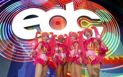 Anime Baes pose in a photo spot during the first night of 2025 EDC at the Las Vegas Motor Speedway Friday, May 16, 2025.