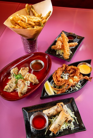 Vegetable eggrolls, soft shell crab, Poh Poh’s dumplings, shrimp tempura and fried green beans at Hot Noods.