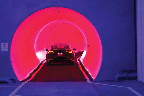 A Tesla electric car heads into a tunnel during a tour of the Vegas Loop at the Las Vegas Convention Center. 