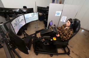 Yulieanna Duran remotely drives a Vay electric car from the company headquarters in Downtown Las Vegas.