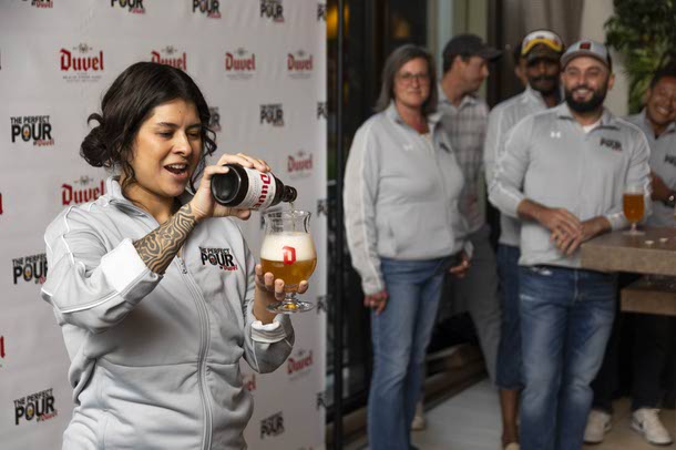Cindy Juarez, bartender at Silver Stamp, pours a Duvel Belgian Golden Ale during the 4th annual The Perfect Pour by Duvel contest at Wynn, Thursday, Aug. 7, 2025.