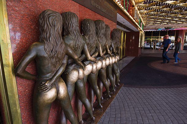 The Crazy Girls “No Ifs, Ands, or Butts” statue was at the Riviera until the casino closed in 2015, then the bronze lifecast moved with the show to Planet Hollywood. It remained there until the show’s closing in 2021. After years in storage, the statue found a new home at Circa in 2025. 