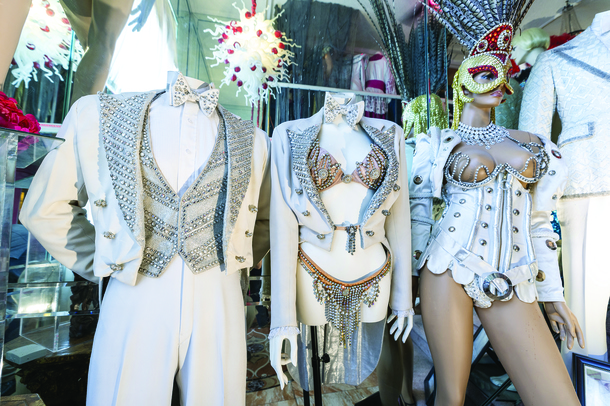 Costumes worn in Donn Arden’s Hallelujah Hollywood show are displayed at Grant Philipo’s Las Vegas Showgirl Museum.