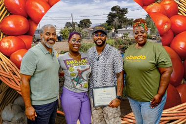 Congressman Steven Horsford, Cheyenne Kyle, Kwame Onwuachi with certificate of congressional recognition and Tameka Henry at the Obodo urban&nbsp;farm.
