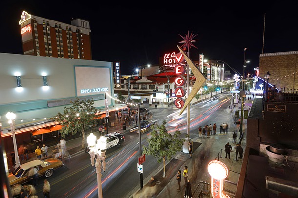 A view of East Fremont Street from the rooftop dance floor at We All Scream in downtown Las Vegas Friday, Oct. 3, 2025.