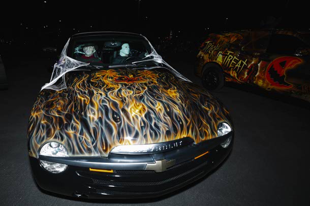 A scary car is displayed during the Nightmare in Vegas horror convention at the Silverton, Saturday, Oct. 4, 2025.