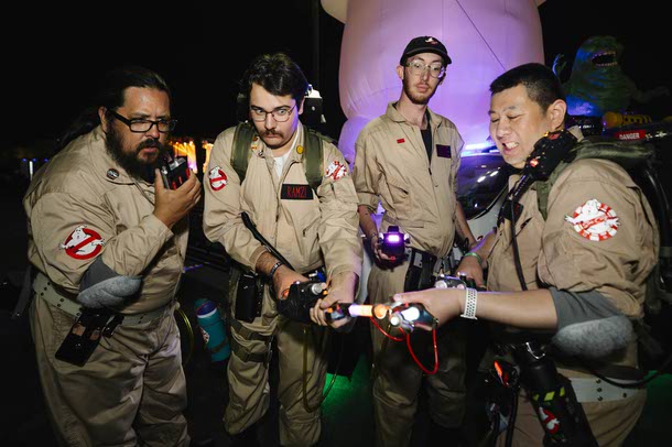 The Sin City Ghostbusters pose for a photo during the Nightmare in Vegas horror convention at the Silverton, Saturday, Oct. 4, 2025.