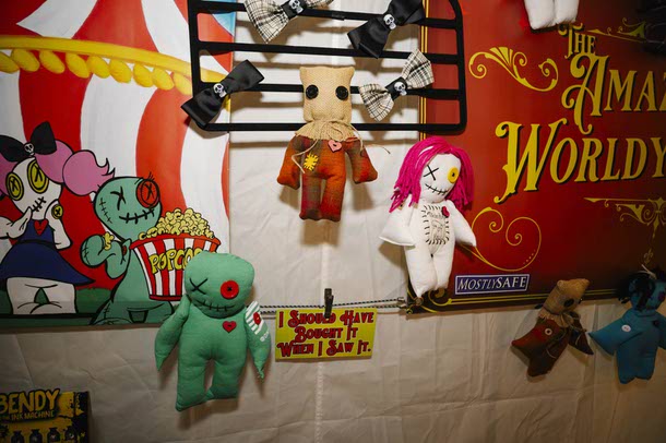 The Amazing Wordly Tinkers merchandise is displayed for sale during the Nightmare in Vegas horror convention at the Silverton, Saturday, Oct. 4, 2025.