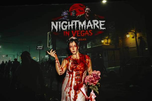 Official host Ashley Rapuano Sanchez poses for a photo during the Nightmare in Vegas horror convention at the Silverton, Saturday, Oct. 4, 2025.