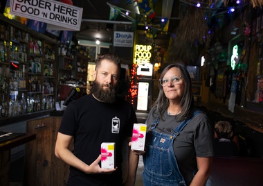 Matthew “Buck” Buckosh, left, and Dr. Suzanne Roozendaal, outreach partners for the Narcan Education and Distribution Project, shown at Davy’s in the Arts&nbsp;District.