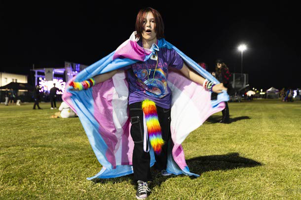 An attendee poses for a photo during the Las Vegas PRIDE festival at Desert Breeze Events Center, Saturday, Oct. 18, 2025.