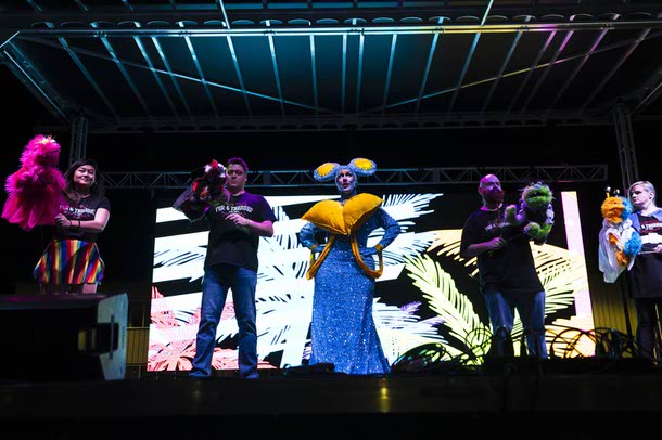 Hanna Barbeara, center, performs with Fur Thundur during the Las Vegas PRIDE festival at Desert Breeze Events Center, Saturday, Oct. 18, 2025.