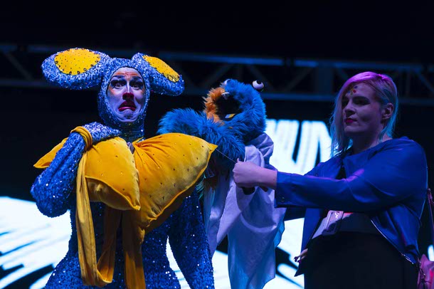 Hanna Barbeara performs with a member of Fur Thundur during the Las Vegas PRIDE festival at Desert Breeze Events Center, Saturday, Oct. 18, 2025.