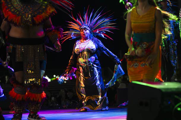 A member of Calpulli Tlatlelolco performs during the Las Vegas PRIDE festival at Desert Breeze Events Center, Saturday, Oct. 18, 2025.
