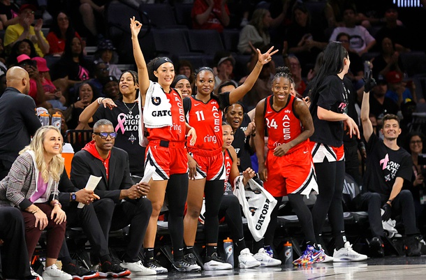 Las Vegas Aces players Aaliyah Nye, left, and Dana Evans celebrate a victory over the Dallas Wings at Michelob Ultra Arena at Mandalay Bay on August 17. 