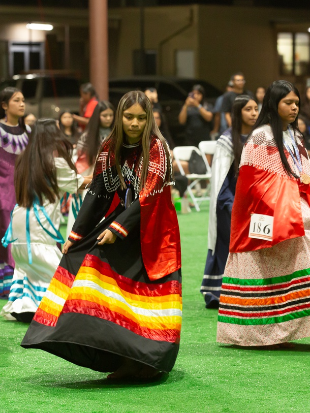 Teens from the Fort Mojave area and various tribes participate in a youth bird song dancing competition during the Fort Mojave Indian Days festival in Needles, California on October 17. 