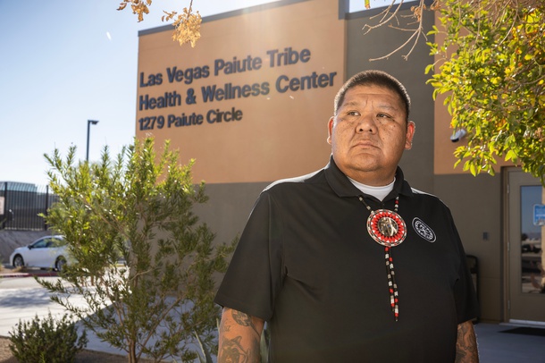 Las Vegas Paiute Tribe Chairman Benny Tso poses in front of the tribe’s new health and wellness center on its reservation Downtown.  