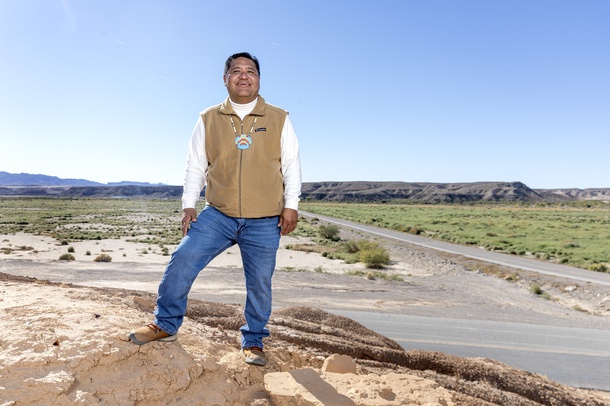 Darren Daboda, tribal historic preservation officer for the Moapa Band of Paiutes, poses on tribal land near Moapa.