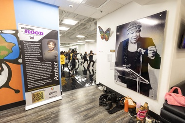 A photo of poet and civil rights activist Maya Angelou is displayed by the dance studio in the Legacy&nbsp;Theatre.