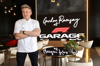 Chef Gordon Ramsay poses in the Gordon Ramsay at F1 Garage during the Formula One Las Vegas Grand Prix Friday, Nov. 21, 2025.