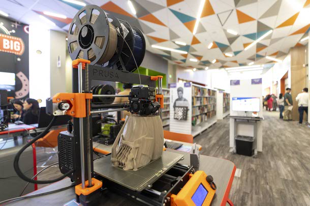 A 3D printer is shown during the grand opening of the West Las Vegas Library, Tuesday, Dec. 9, 2025.