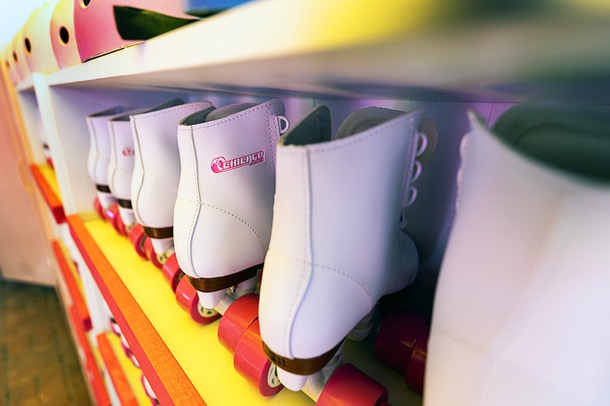 Roller skates are shown in a skating area in the Malibu Barbie Cafe at Area 15 Wednesday, Dec. 17, 2025.