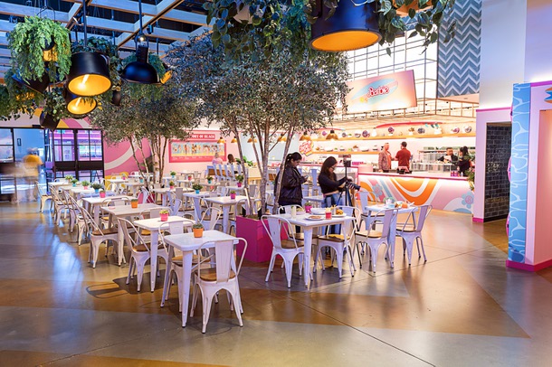 A view of the dining area in the Malibu Barbie Cafe at Area 15 Wednesday, Dec. 17, 2025.