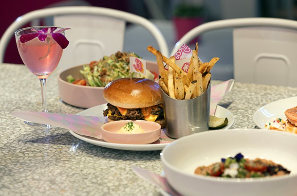 A Beach Burger is displayed in the Malibu Barbie Cafe at Area 15 Wednesday, Dec. 17, 2025.