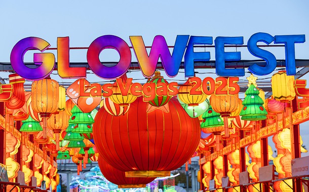 A view of lanterns at the entrance at GlowFest, a holiday night market and light festival at Paradise Road and Sahara Avenue, Saturday, Dec. 20, 2025. The festival runs through Feb. 22.