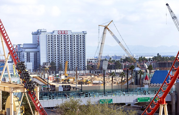 A view of the site for the A’s baseball stadium, under construction on the southeast corner of Las Vegas Boulevard South and Tropicana Avenue, Friday, Jan. 2, 2026.