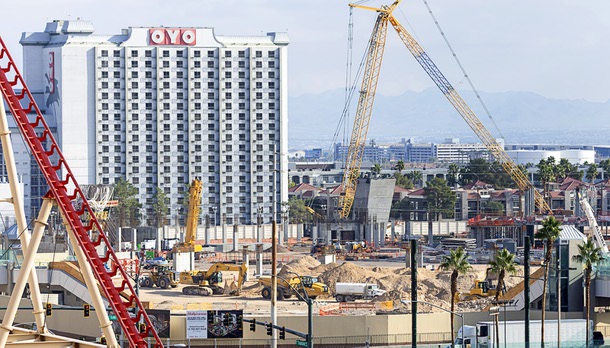 A view of the site for the A’s baseball stadium, under construction on the southeast corner of Las Vegas Boulevard South and Tropicana Avenue, Friday, Jan. 2, 2026.