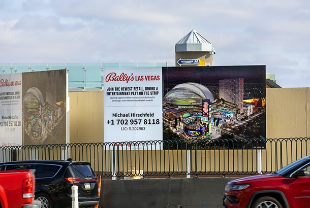 Signage is shown at the site for the A’s baseball stadium, under construction on the southeast corner of Las Vegas Boulevard South and Tropicana Avenue, Friday, Jan. 2, 2026.