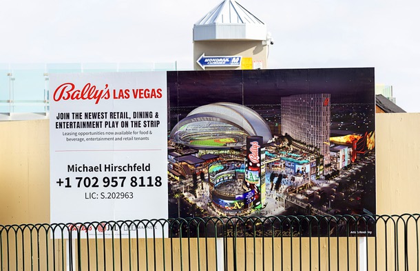 Signage is shown at the site for the A’s baseball stadium, under construction on the southeast corner of Las Vegas Boulevard South and Tropicana Avenue, Friday, Jan. 2, 2026.