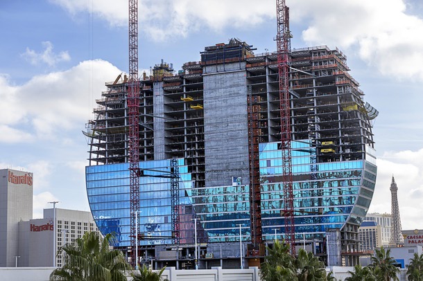 A view of the Hard Rock’s guitar-shaped hotel tower, under construction on the Las Vegas Boulevard South at the site of the Mirage, Friday, Jan. 2, 2026.