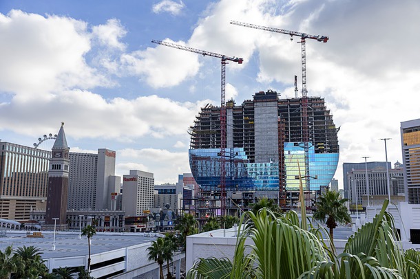 A view of the Hard Rock’s guitar-shaped hotel tower, under construction on the Las Vegas Boulevard South at the site of the Mirage, Friday, Jan. 2, 2026.
