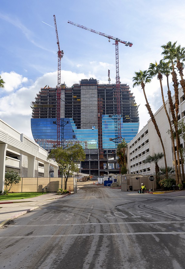 A view of the Hard Rock’s guitar-shaped hotel tower, under construction on the Las Vegas Boulevard South at the site of the Mirage, Friday, Jan. 2, 2026.