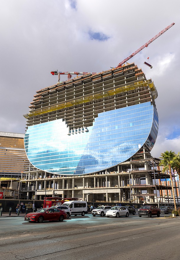 A view of the Hard Rock’s guitar-shaped hotel tower, under construction on the Las Vegas Boulevard South at the site of the Mirage, Friday, Jan. 2, 2026.